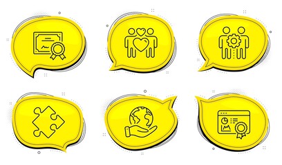 Employees teamwork sign. Diploma certificate, save planet chat bubbles. Strategy, Seo certificate and Love couple line icons set. Puzzle, Statistics, Lovers. Collaboration. Business set. Vector
