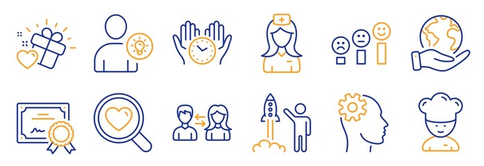 Set of People icons, such as Customer satisfaction, Cooking chef. Certificate, save planet. People communication, Engineering, Love gift. Launch project, Safe time, Hospital nurse. Vector
