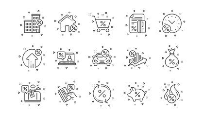 Investment, Interest rate and Percentage diagram. Loan line icons. Car leasing linear icon set. Geometric elements. Quality signs set. Vector
