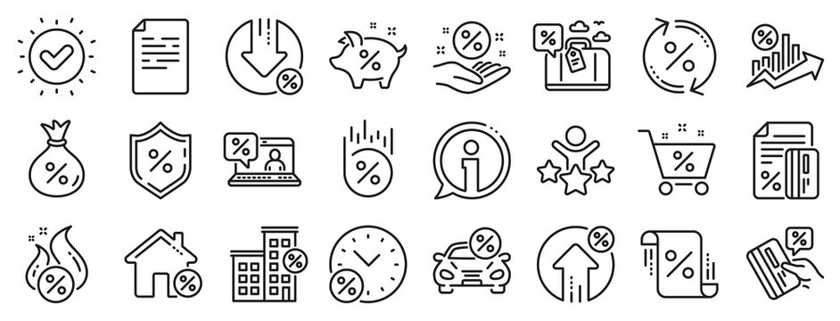 Set of Investment, Interest rate and Percentage diagram linear icons. Loan line icons. Car leasing, analytics plan, Credit card percent and loan rate. Bank mortgage, leasing, interest graph. Vector