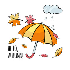 Hello, autumn! Umbrella in the rain. Bright vector illustration in the cartoon style. Isolated on a white background.