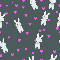 Grey cheerful seamless pattern, cute bunnies soft pink and gray, flat simple vector illustration