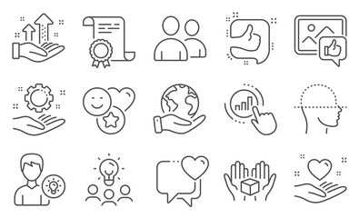 Set of People icons, such as Like, Hold heart. Diploma, ideas, save planet. Hold box, Smile, Like photo. Heart, Employee hand, Users. Analysis graph, Person idea, Graph chart. Vector