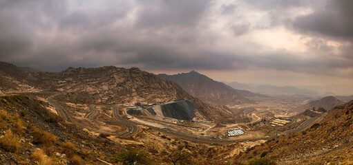 Views of traffic travelling along the zig zag road in Al Hada, Taif region of Saudi Arabia