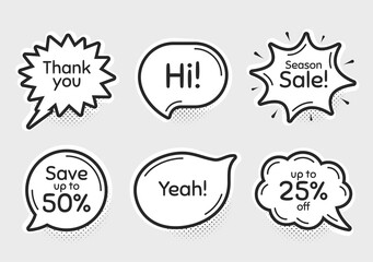 Comic chat bubbles. Season sale, 25% discount and save 50%. Thank you, hi and yeah phrases. Sale shopping text. Chat messages with phrases. Drawing texting thought speech bubbles. Vector
