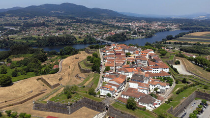 Fototapeta na wymiar Aerial view of the fortress of Valenca do Minho in Portugal. Valença is a walled town located on the left bank of Minho River. The fortress is a piece of gothic and baroque military architecture.