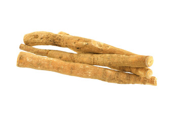 Ashwagandha Dry Root Medicinal Herb, also known as Withania Somnifera, Ashwagandha, Indian Ginseng, Poison Gooseberry, or Winter Cherry. Isolated on White Background.