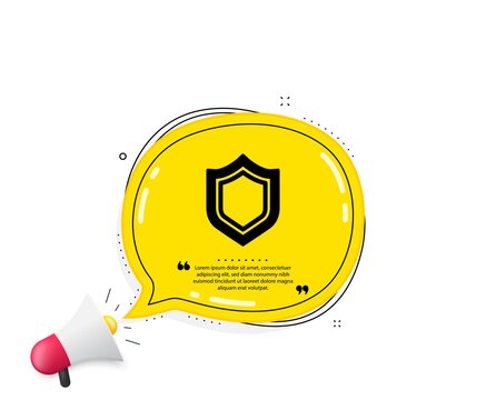 Shield icon. Quote speech bubble. Protection or Security sign. Defence or Guard symbol. Quotation marks. Classic security icon. Vector
