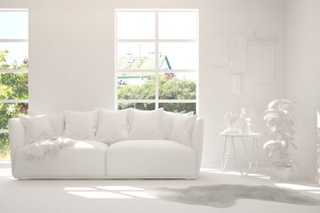 Fototapeta premium White living room with sofa and summer landscape in window. Scandinavian interior design. 3D illustration