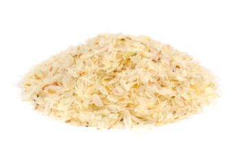 Psyllium (Ispaghula) Seed Husk Isolated on White Background. Dietary Fiber Food Supplement.
