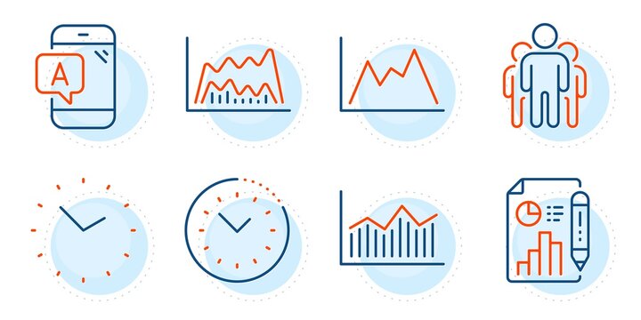 Report document, Group and Time signs. Diagram, Ab testing and Time management line icons set. Money diagram, Trade chart symbols. Growth graph, Phone test. Science set. Outline icons set. Vector