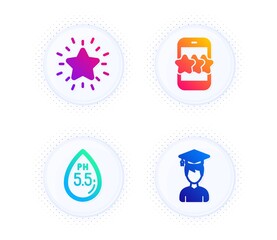Star, Rank star and Ph neutral icons simple set. Button with halftone dots. Student sign. Phone feedback, Best result, Water. Graduation cap. Business set. Gradient flat star icon. Vector