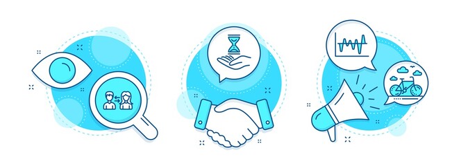 People communication, Time hourglass and Stock analysis line icons set. Handshake deal, research and promotion complex icons. Bike rental sign. People talking, Sand watch, Business trade. Vector