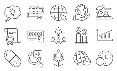 Set of Science icons, such as Internet, Computer keyboard. Diploma, ideas, save planet. Online chemistry, Chart, Time zone. Capsule pill, Ab testing, Energy. Vector