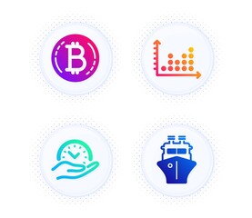 Dot plot, Safe time and Bitcoin icons simple set. Button with halftone dots. Ship sign. Presentation graph, Management, Cryptocurrency coin. Shipping watercraft. Technology set. Vector