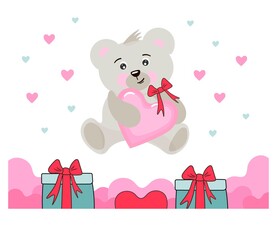 Cute teddy bear with heart and gifts.
Vector isolated illustration