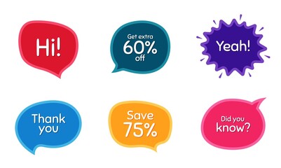 Save 75%, extra 60% discount and did you know. Colorful chat bubbles. Thank you phrase. Sale shopping text. Chat messages with phrases. Texting thought bubbles. Vector