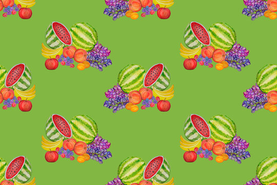 Seamless pattern with fruits painted with watercolor paints.