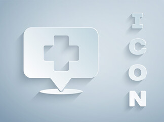 Paper cut Medical map pointer with cross hospital icon isolated on grey background. Paper art style. Vector Illustration.