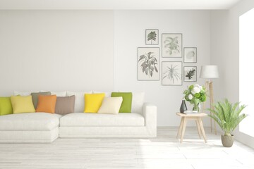 White living room with sofa. Scandinavian interior design. 3D illustration