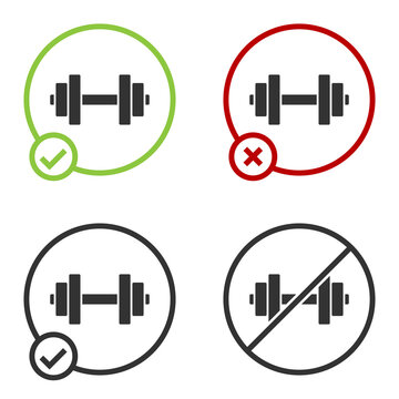 Black Dumbbell icon isolated on white background. Muscle lifting icon, fitness barbell, gym, sports equipment, exercise bumbbell. Circle button. Vector Illustration.