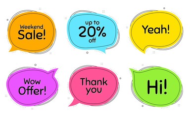 Weekend sale, 20% discount and wow offer. Thought chat bubbles. Thank you, hi and yeah phrases. Sale shopping text. Chat messages with phrases. Colorful texting thought bubbles. Vector