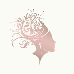 Hair salon, cosmetics, spa, natural lifestyle vector illustration.Woman portrait with flowers and plants hair.Healthy hair and beauty salon icon.Profile view face.Rose gold color. Ornate figure.