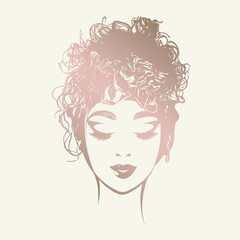 Woman with curly hairstyle and elegant makeup.Beautiful girl portrait.Hair salon and beauty studio vector illustration.Cosmetics and spa logo.Cute young lady face.Messy hair bun.