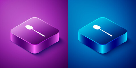 Isometric Spoon icon isolated on blue and purple background. Cooking utensil. Cutlery sign. Square button. Vector Illustration.