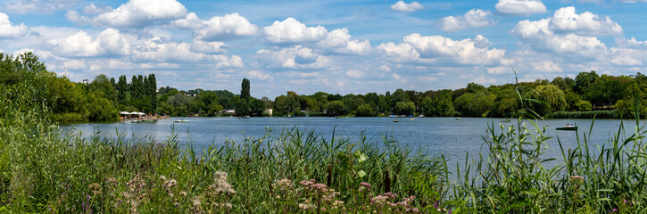 panorama view of the Max-Eyth lake in Stuttgart on a beautiful summer day