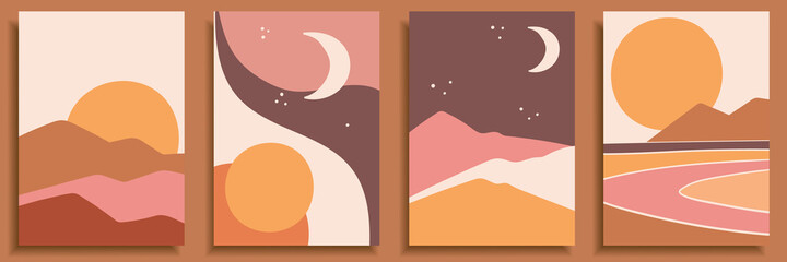 Abstract landscape poster collection. Set of contemporary art print templates. Nature backgrounds for your social media. Sun and moon, sea, mountains bundle.