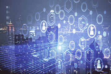Multi exposure of social network theme drawing and cityscape background. Concept of people connecton.