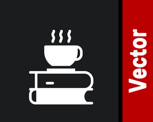 White Coffee cup and book icon isolated on black background. Tea cup. Hot drink coffee. Vector Illustration.