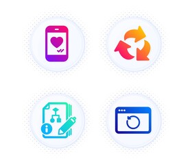 Recycle, Algorithm and Love chat icons simple set. Button with halftone dots. Recovery internet sign. Recycling waste, Project, Smartphone. Backup info. Technology set. Vector