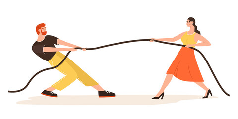 Man and woman tug-of-war and clarifying their relationships. Misunderstanding in family, divorce concept. Crisis in a relationship, break up. Vector Illustration in flat style.
