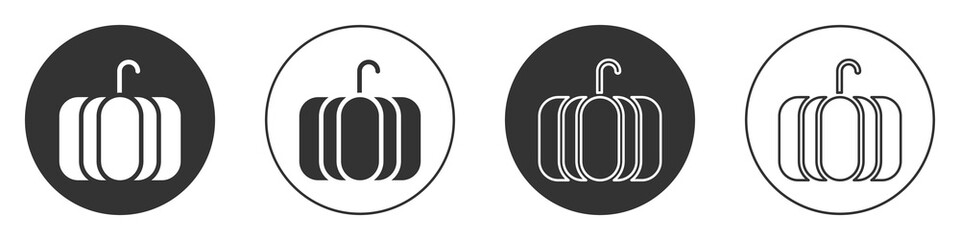 Black Pumpkin icon isolated on white background. Happy Halloween party. Circle button. Vector Illustration.