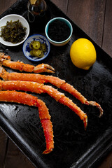 King crab, lemon, flying fish caviar, seaweeds, soy sauce and holopeno pepper