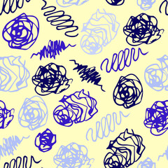 Abstract vector seamless pattern. Blue doodles, spiral, scribbles, lines on a light beige pale background. For prints of fabric, packaging, textiles.