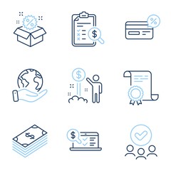 Online accounting, Income money and Cashback line icons set. Diploma certificate, save planet, group of people. Sale, Dollar and Accounting report signs. Web audit, Wealth, Non-cash payment. Vector