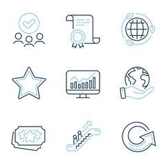 Statistics, Eco energy and Loyalty points line icons set. Diploma certificate, save planet, group of people. Escalator, Star and Reload signs. Financial report, Ecology, Bonus coupon. Elevator. Vector