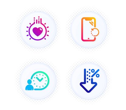 Time management, Smartphone recovery and Love icons simple set. Button with halftone dots. Low percent sign. Work time, Phone repair, Heart. Discount. Business set. Vector