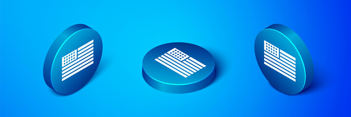 Isometric American flag icon isolated on blue background. Flag of USA. United States of America. Blue circle button. Vector Illustration.