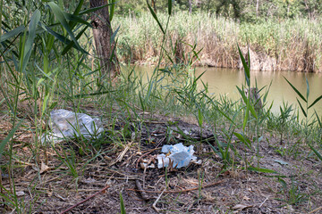 Heaps of dirty garbage rubbish in nature, pollution, plastic.