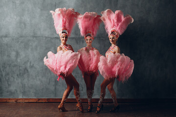 Three Women in samba or lambada costume with pink feathers plumage.