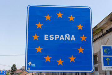 Tui / Spain - July 8, 2020: Entering Spain from Portugal. Road sign on the border of a European Union country.