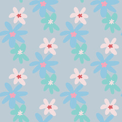 Seamless doodle pattern with chamomile floral ornament on blue background. Simple backdrop.