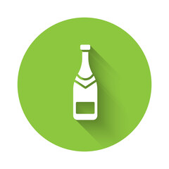White Champagne bottle icon isolated with long shadow. Green circle button. Vector Illustration.