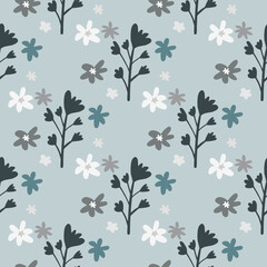 Floral ornament seamless pattern with daisy and flower branches. Pastel light blue background. Dark grey botanic elements.