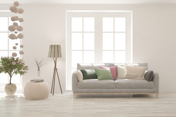 Naklejka premium White living room with sofa. Scandinavian interior design. 3D illustration