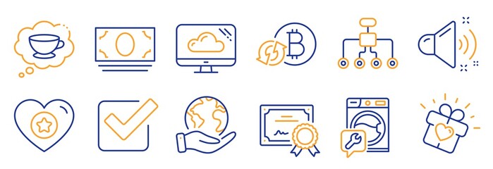 Set of Business icons, such as Refresh bitcoin, Heart. Certificate, save planet. Cash money, Washing machine, Cloud storage. Checkbox, Restructuring, Coffee cup. Vector